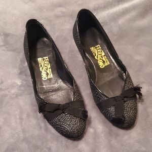 Salvatore Ferragamo Black Textured Flats with Bow